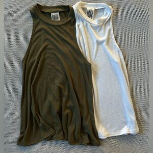 Free People We the Free Long Beach Mock Neck Tank, Olive Green & White, Set of 2